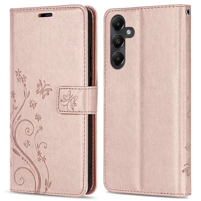 A rose gold flip case for a Samsung Galaxy A05s phone is shown from the front and back.