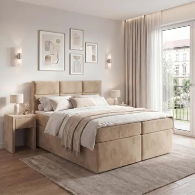 Produktbild von ELVORA DESIGNE Boxspringbett 180x200 cm PURELINE mit Bonellmatratze H3 & Topper, 2 Bettkästen, Hellbraun, KI-generiertes Bild