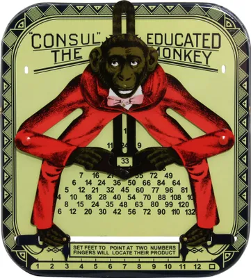 A vintage tin toy calculating monkey, also known as a 'Rechenaffe' or 'Blechaffe', is displayed against a light yellow background with decorative borders. The monkey is depicted wearing a red suit and a pink bow tie, with its arms extended to point at numb