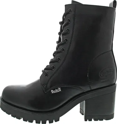A black lace-up boot with a chunky heel and sole, shown from the side against a white background.
