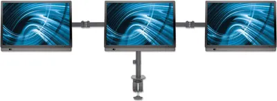 Produktbild von Manhattan Tischhalterung mit Monitorarm für drei Displays, Geeignet für drei Displays von 13" bis 27", einer zentral montiert, zwei auf den Monitorarmen, zweifach schwenkbar, Klemme, 21 kg, 33 cm (13"), 68,6 cm (27"), 100 x 100 mm, Schwarz