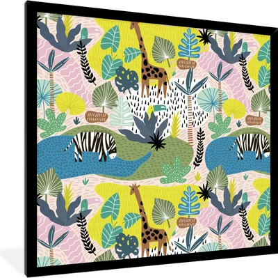 Produktbild von MuchoWow® MuchoWow® Gerahmtes Poster Dschungel - Tiere - Pflanzen - Farben 40x40 cm - Poster mit zchwarzem Bilderrahmen - Mit Rahmen - Wanddekoration Schlafzimmer