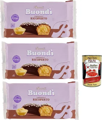 Produktbild von Bauli, Buondì con Copertura al Cacao e Crema alla Vaniglia - Snacks gebackener Kuchen mit Kakao und Vanillecreme, 3x 276g + Italian Gourmet polpa 400g