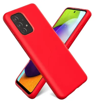 A red phone case is shown diagonally, with a phone screen visible underneath.