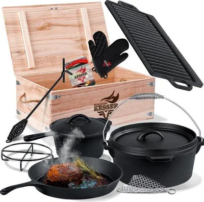 Produktbild von Unyqoos® KESSER® Dutch-Oven Gusseisen-Set 10-teilig – Dutch Oven 3,6 L, Bratpfanne, Saucenpfanne, wendbare Grillplatte, umfangreiches Zubehör, Schwarz
