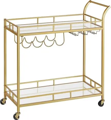 Produktbild von Unyqoos® Barwagen - Servierwagen mit 2 Spiegelglasböden, goldfarben, 2 Glashalter, 4 Flaschenhalter, 80×38×77,5 cm, 4 Rollen (2 mit Bremse)