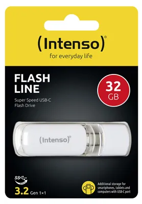 Obrázok produktu pre Intenso Flash Line, 32 GB, USB Typ-C, 3.2 Gen 1 (3.1 Gen 1), 70 MB/s, Čiapky, Biela