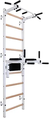 Produktbild von Sprossenwand 722W, 67 cm breit, 240 cm hoch, mit abnehmbarer Klimmzugstange PB2W und Dipbarren DB1W, bis 150 kg, handgeölte Sprossen