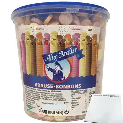 Produktbild von Ahoj Brause Bonbons Brauseplättchen mit Zitronen Orangen Himbeer Cola Geschmack 1000er (1800g) + usy Block