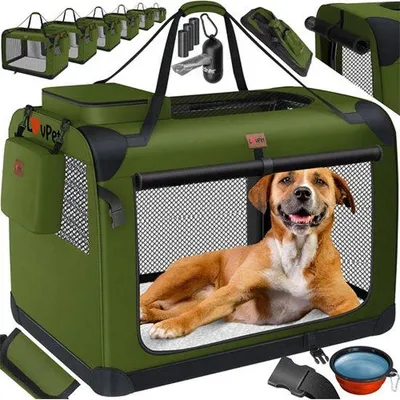 Productafbeelding van Famanu opvouwbare transportbox voor honden met voerbak en 45 poepzakjes - maat L, 70 x 52 x 52 cm, kaki
