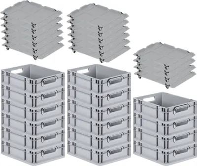 Produktbild von SuperSparSet 16x Eurobox NextGen Grip mit Auflagedeckel inkl. 4 schwarzen Schiebeschnappverschlüssen | HxBxT 12x30x40cm | 11 Liter | Grau | Griffe offen | Glatter Boden | Eurobehälter, Transportbox, Transportbehälter, Stapelbehälter