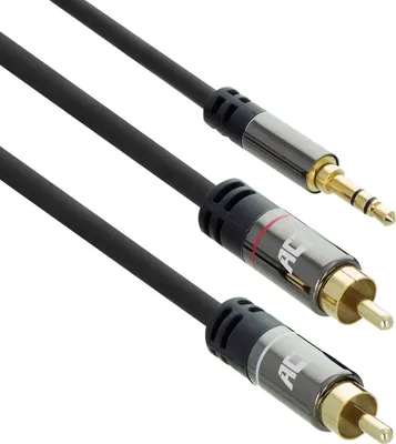 Imagen del producto de Cable de audio de alta calidad de 5 metros, con conector estéreo de 3,5 mm en un extremo y dos conectores RCA en el otro. Modelo: AC3607