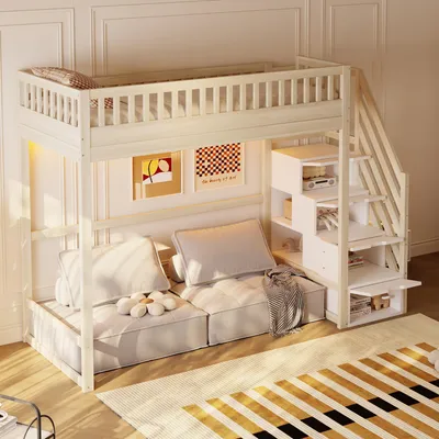 Produktbild von okwish Hochbett Einzelbett 90x200 mit LED-Lichtleiste und Stauraum,Kinderbett mit Sicherheitsleiter und Sicherheitsgeländer,Natur(ohne Matratze)