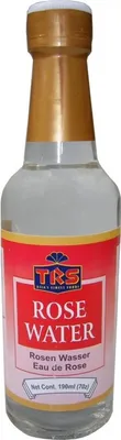 A bottle of TRS Rose Water on a white background.
