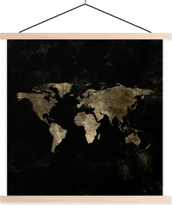 Produktbild von MuchoWow® Textilposter Weltkarte - Schwarz - Gold 120x120 cm mit holzfarbenen Rahmen - Textil-Poster