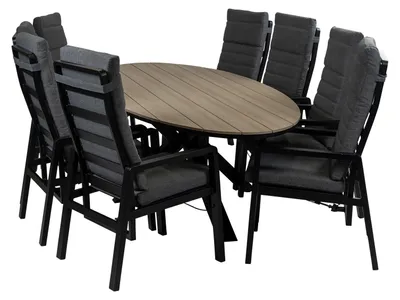 Produktbild von 9-teiliges ovales Garten-Set | 8 Berlin Gartenstühle (Schwarz) | Gartentisch Limasol 280 cm (`Wood)