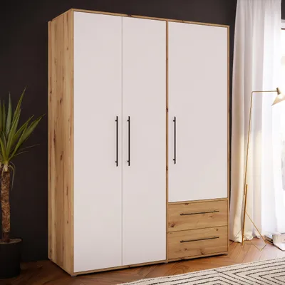 Produktbild von Forte MOKKARIS Kleiderschrank 140 150, moderner Drehtürenschrank, 3-türig, 2 Schubladen, Holzwerkstoff, Weiß mit Artisan Eiche Holzdekor, 144,4 cm breit x 200,1 cm hoch x 58,8 cm tief