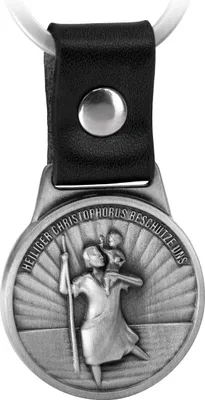 Produktbild von FABACH Schlüsselanhänger, Heiliger Christophorus Schutzpatron, Leder Plakette, modern, für Autofahrer, Motorradfahrer, Reisende, Schwarz/Silber & Braun/Bronze Antik, Handarbeit