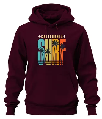 Productafbeelding van California SURF Palmen Strand Retro Vintage Westkust Hoodie, bordeauxrood, maat XL