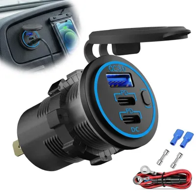 USB-Autoladegerät 12V, PD3.0 & QC3.0, 2 Anschlüsse, mit Schalter