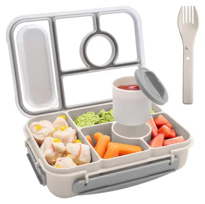 Produktbild von Lunchbox für Kinder mit Fächern, Bento-Box für Kinder, Lunchbox für Erwachsene, 1300 ml Lunchbox mit 5 Fächern und Soßenbehältern, mikrowellen- und spülmaschinengeeignet, BPA-frei (grau)