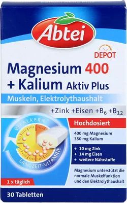 Produktbild von Abtei Magnesium 400 + Kalium aktiv plus Tabletten für Muskeln und Elektrolythaushalt, 30 St. Tabletten