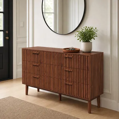 Productafbeelding van INONEFT Kommode met 6 lades, gemaakt van riet, 100x34x73 cm. Ideaal als commode, opbergmeubel, hoge kast of dressoir met lades. Modern design, walnoothout