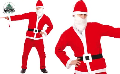 Two images of a person wearing a Santa Claus costume against a white background.