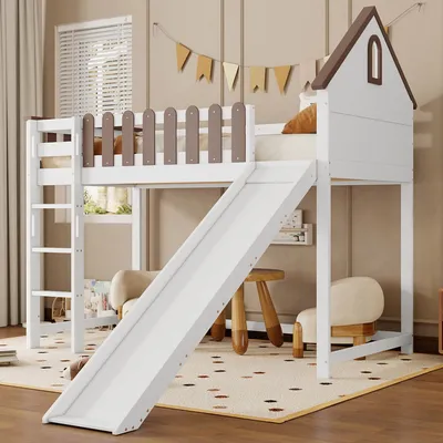 Produktbild von Flieks Kinder Hochbett Hausbett Spielbett 90x200cm Weiß Holz mit Rutsche, Fenster & Lattenrost, 120kg