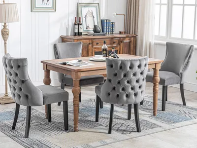 Immagine prodotto di okwish Sedia a 4 gambe, Sedie da pranzo (Set, 4 pezzi), Sedia con trapuntatura a bottoni, schienale alto, struttura in legno massello, Velluto grigio-1