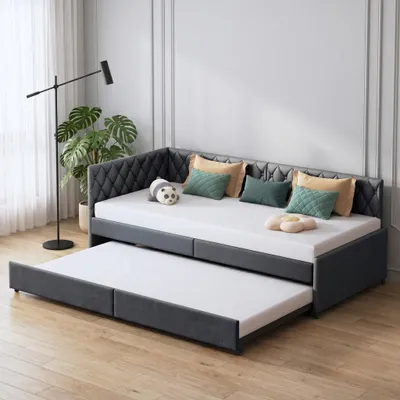 Image de INONEFT, canapé-lit avec coffre de rangement, dimensions 90x200 cm, convertible en lit simple, structure de lit avec sommier à lattes, canapé-lit d'angle, modèle jour, revêtement en velours, couleur gris