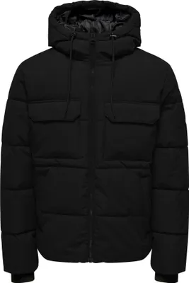 A black puffer jacket with a hood and two chest pockets.