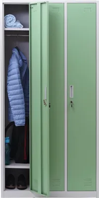 A three-compartment metal locker with one door open, revealing a blue jacket, a rolled towel, and shoes inside.