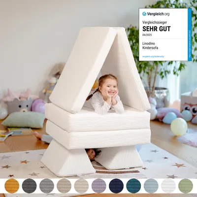 Produktbild von Linodino Spielsofa Cord - Kindersofa | Kinder Couch als Kuschelecke und Indoor Spielplatz | Kinder Sofa aus Schaumstoff Bausteinen I Frostzauber Weiß