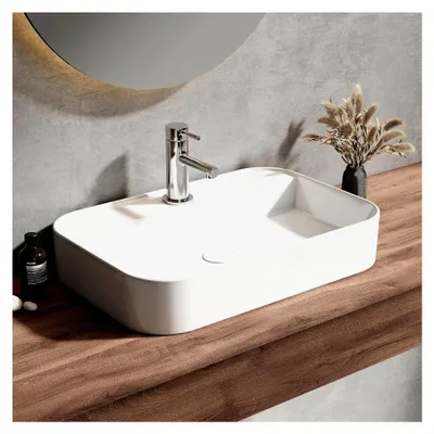 Produktbild von Waschbecken - Hängewaschbecken für Badezimmer und Gäste-WC - 60 × 40 × 11 cm - Keramikwaschbecken - eckiges Aufsatzwaschbecken - Weiß