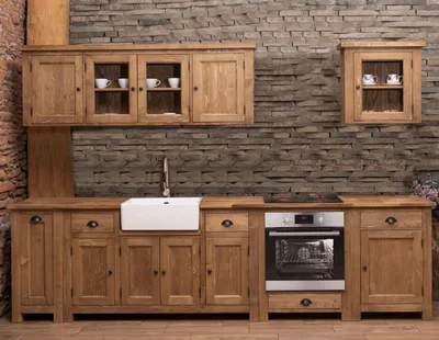 Immagine prodotto di Cucina componibile "Casa Padrino" in stile rustico, color marrone, dimensioni 343 x 65 x 90 cm - Blocco cucina in legno massello - Arredamento da pranzo in stile rustico