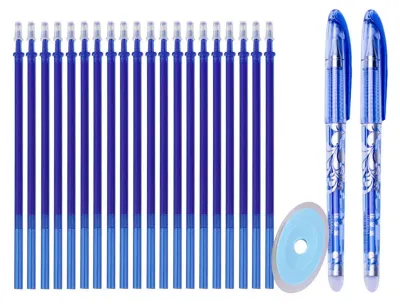Image de Coffret de 23 crayons effaçables, pointe de 0,5 mm, corps lavable, écriture fluide, confortable, 1 gomme et 20 recharges bleues