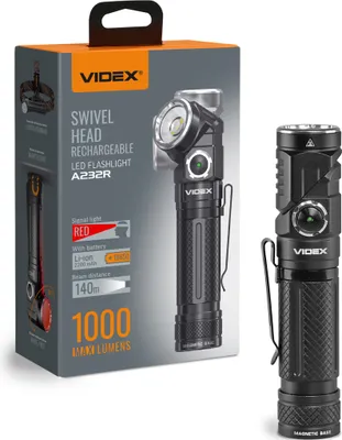 The image shows the packaging of a Videx rechargeable LED flashlight, with the flashlight itself also displayed separately.