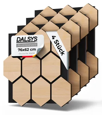 Produktbild von Dalsys 4x Akustikpaneele Holz 76x62cm mit Hexagon-Muster Eiche hell - Wandpaneele Holz für Schallschutz in Büro- & Wohnräumen - Akustik Paneele Wand - 3D Wandverkleidung innen - Holzpaneele Wand
