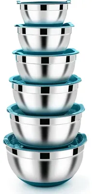 Productafbeelding van Rührkommen set, 6 stuks, roestvrij staal, met deksel, siliconen bodem, blauw
