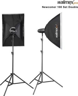 Image de Walimex pro Newcomer 100 Set Double – Flash 100 Ws, déclencheur 2,4 GHz, lumière LED, 1/800-1/1200s, monture Bowens, pour petits studios