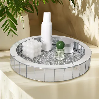 Imagen del producto de Bandeja decorativa redonda, plateada y con espejo, de 30 cm de diámetro