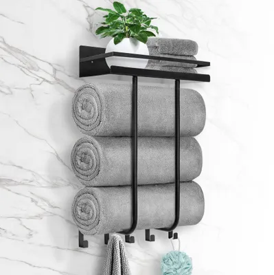 Image de Porte-serviettes mural avec étagère en métal et 5 crochets