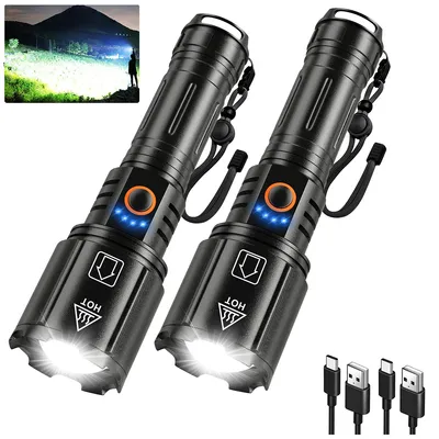 Produktbild von 2x Taschenlampe,1200mAh Akku Taktisches Fackel,5 Modus USB wiederaufladbare Fackel, 10000 LM Wasserdicht Schwarz