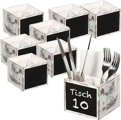 Produktbild von 8 Stück Besteckbox, 3-fach Einteilung & Kreidetafel - Pappelholz - weiß rustikal
