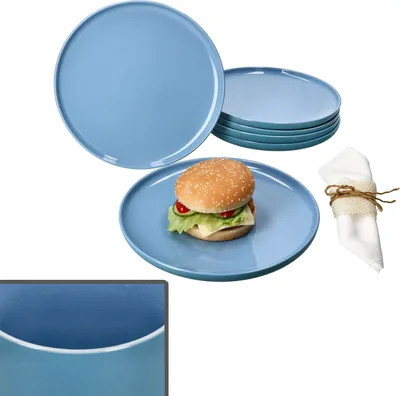 A set of blue plates with a hamburger on one plate and a napkin tied with twine.
