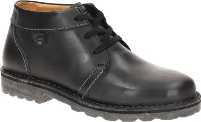 A single black leather boot is shown against a white background.