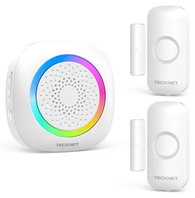 Immagine prodotto di TECKNET Sensore per porte e finestre con campanello, portata 300 metri, allarme per finestre, colore bianco – confezione: 1 ricevitore + 2 sensori