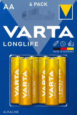 Packaging for Varta AA Longlife alkaline batteries.