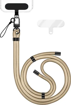Produktbild von HoldMe Edition - Lanyard mit Karabiner Schwarz & 2 Pads - Universal Handykette Nylon Umhänge Band - Beige